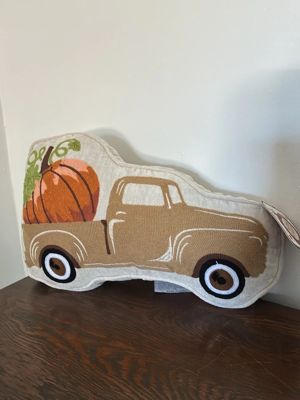 NWT 11x17- Super Soft- Embroidered-Tan Farm Truck w/ Pumpkin Decorative Pillow